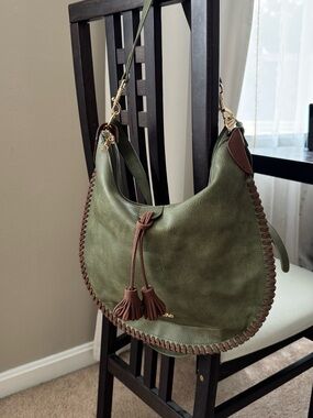 Olive Green Hobo Bag with Brown Trim and Tassels